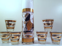 Load image into Gallery viewer, Fred Press Signed Mid-Century Trojan Horse 7-Piece Bar Set (1 Pitcher &amp; 6 Glasses)
