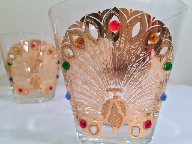 Culver Signed Mid-Century 22-Karat Gold Peacock Old Fashion Glasses (Set of 4)
