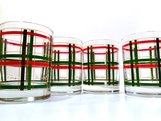 Georges Briard Signed Mid-Century Red and Green Plaid Double Old Fashion Glasses (Set of 4)