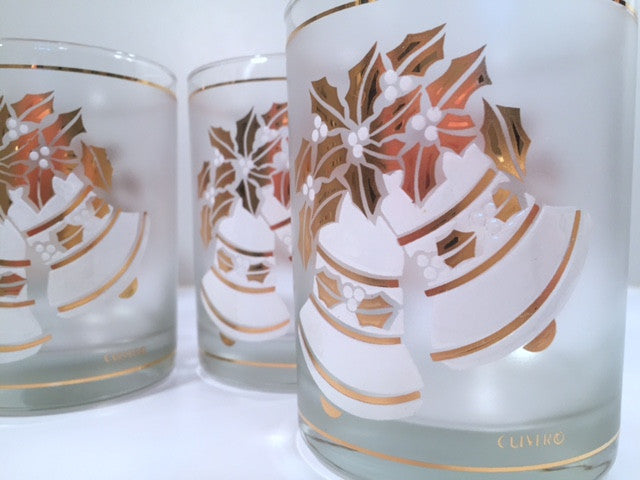Culver- Signed Mid-Century 22-Karat Gold & White Christmas Bells Glasses (Set of 4 with Original Box)