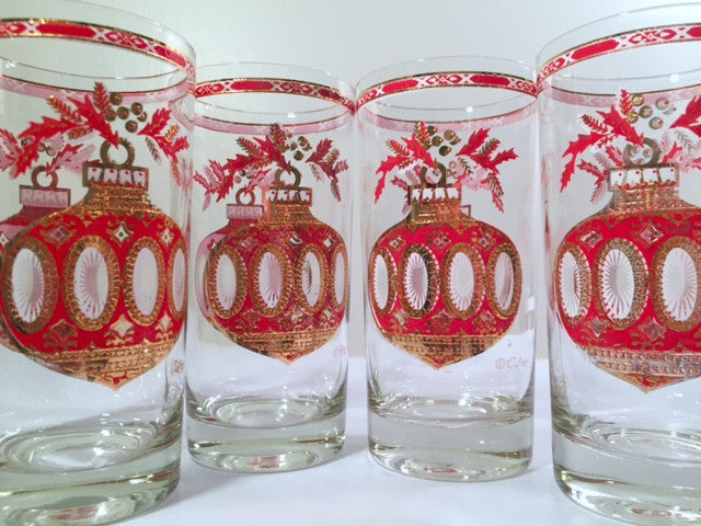 Culver Signed Mid-Century Christmas Ornament Highball Glasses (Set of 4)