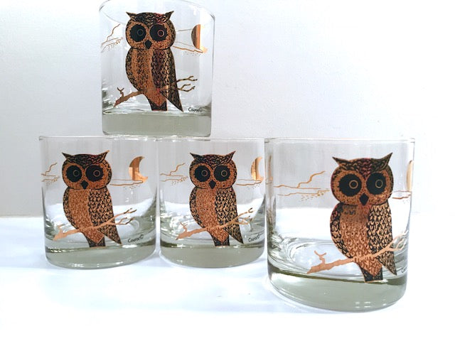Couroc Signed Mid-Century Black and 22-Karat Gold Owl Old Fashion Glasses (Set of 4)
