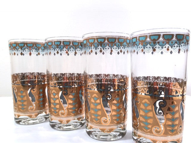 Culver Signed Mid-Century Saratoga Turquoise and 22-Karat Gold Highball Glasses (Set of 4)