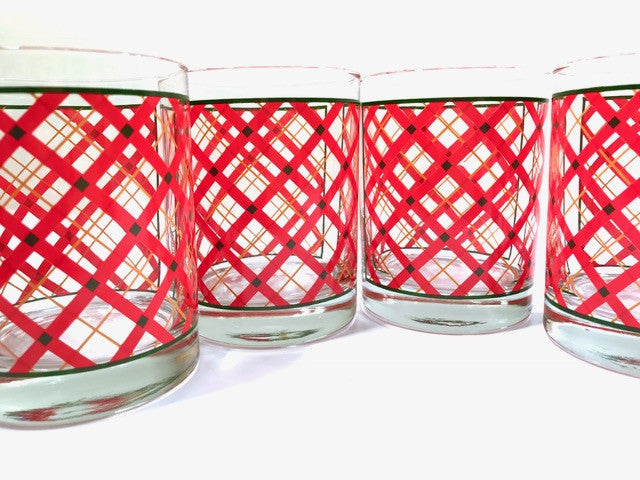 Georges Briard Signed Mid-Century Red Plaid Double Old Fashion Glasses (Set of 4)
