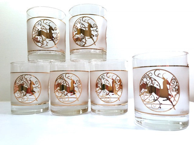 Culver Signed Mid-Century Golden Reindeer Double Old Fashion Glasses (Set of 6)