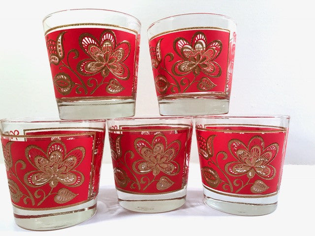 Starlyte Mid-Century Red and 22-Karat Gold Flower Old Fashion Glasses (Set of 5)