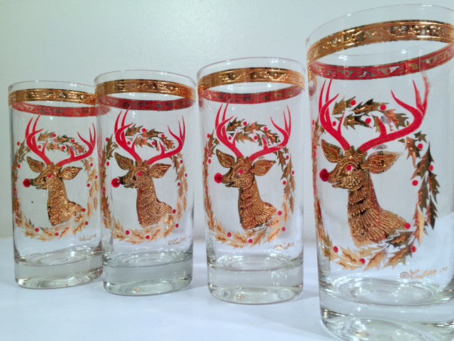 Culver Signed Mid-Century Rudolph The Red Nose Reindeer Highball Glasses - Rare (Set of 4)