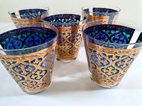 Load image into Gallery viewer, Georges Briard Signed Mid-Century Firenza Blue and 22-Karat Gold Italian Renaissance Cross Double Old Fashion Glasses (Set of 5)
