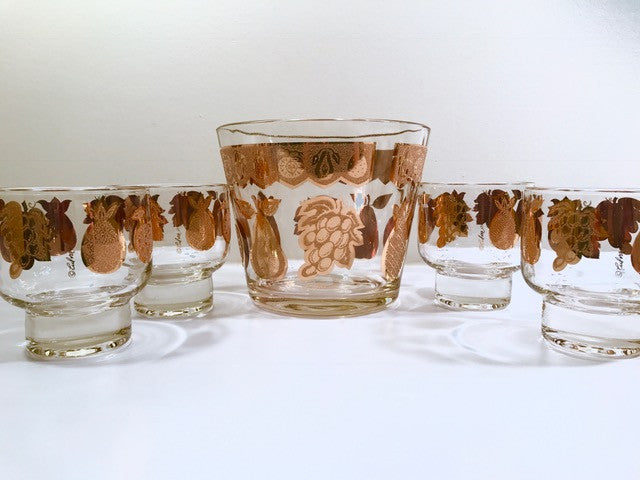 Culver Signed Mid-Century Golden Fruit Ice Bucket and Old Fashion Glasses (Set of 4)