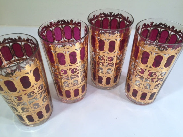 Culver Signed Mid-Century Cranberry Scroll 22-Karat Gold Glasses (Set of 4)