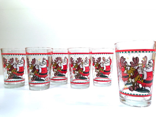 Vintage Santa and Rudolph Glasses (Set of 6)