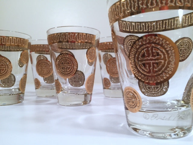 Fred Press Signed Mid-Century Golden Mayan Circle Whiskey-Double Shot Glasses (Set of 6)