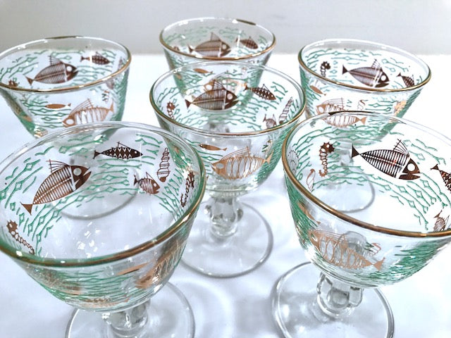 Libbey Mid-Century Atomic Fish Sherbet and Cordial Glasses (Set of 6)