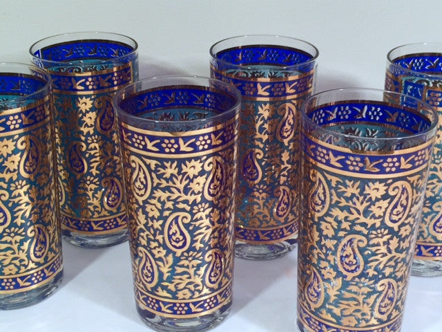 Georges Briard Signed Mid-Century Sari Blue Paisley & 22-Karat Gold Highball Glasses (Set of 6)