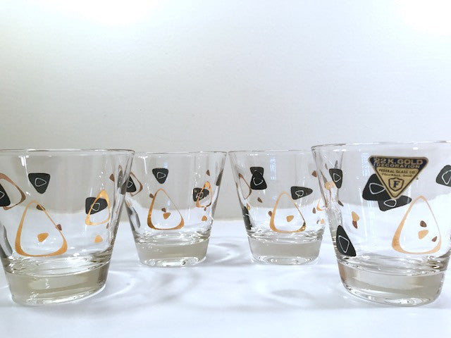 Federal Glass Mid-Century Black and 22-Karat Gold Amoeba Boomerang Old Fashion Glasses (Set of 4)