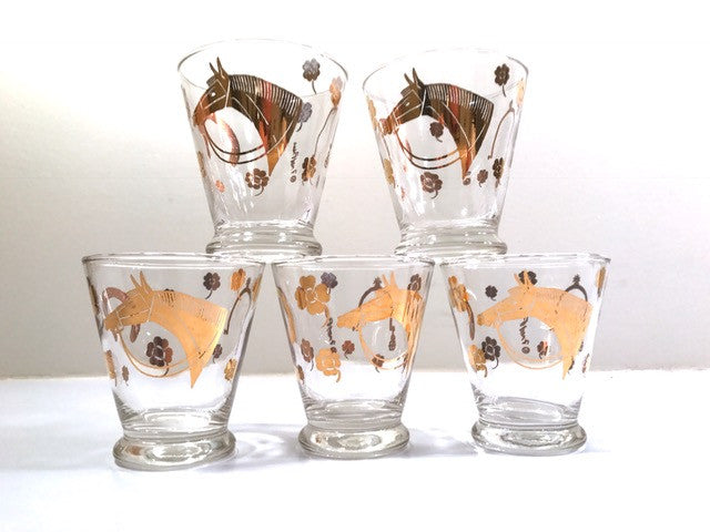 Fred Press Signed Mid-Century 22-Karat Gold Horse Derby Whiskey Glasses (Set of 5)