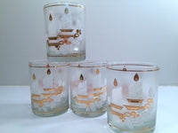 Load image into Gallery viewer, Culver Signed Mid-Century 22-Karat Gold &amp; White Christmas Candles Glasses (Set of 4 with Original Box)
