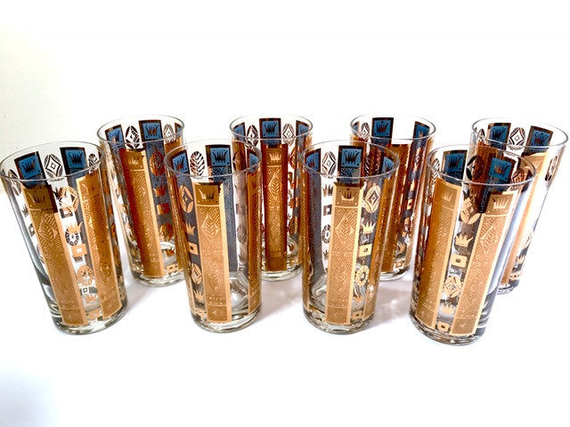 Georges Briard Signed Mid-Century Golden Crown Highball Glasses (Set of 8)