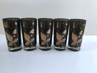 Load image into Gallery viewer, Georges Briard Signed Mid-Century Black and 22-Karat Gold Honey Bee and Nature Glasses (Set of 5)
