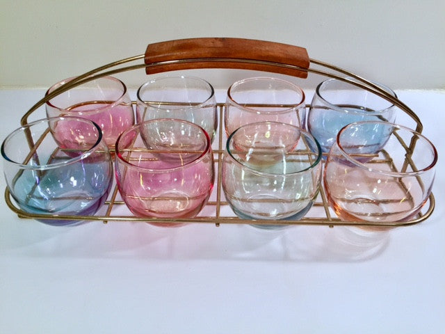 Federal Glass Mid-Century Somewhere Over the Rainbow Roly Poly Bar Set (8 Glasses with Carrier)