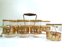 Load image into Gallery viewer, Culver Signed Antigua Mid-Century 22-Karat Gold Rock Glasses (Set of 8) with Atomic Carrier
