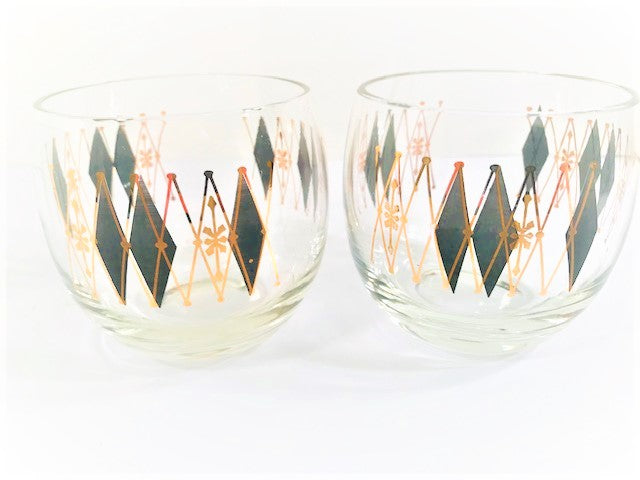 Federal Glass Mid-Century Gold and Black Harlequin Roly Poly Glasses (Set of 2)