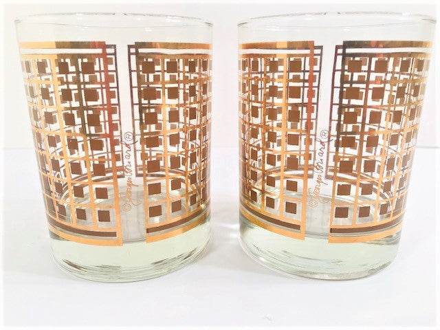 Georges Briard Signed Mid-Century Golden Square Double Old Fashion Glasses (Set of 2)