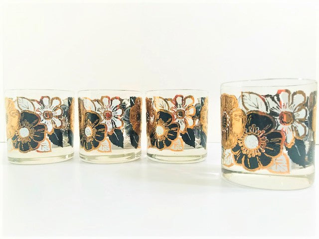 Georges Briard Signed Mid-Century Black White and Gold Flower Glasses (Set of 4)
