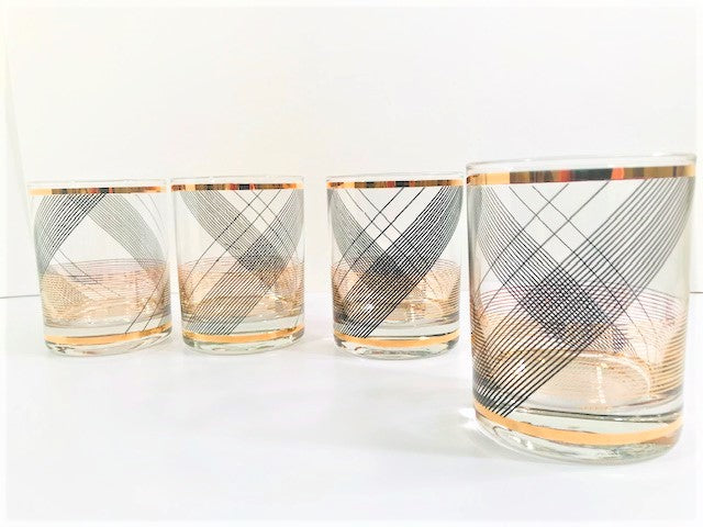 Culver Signed Mid-Century Golden Swirl Double Old Fashion Glasses (Set of 4)