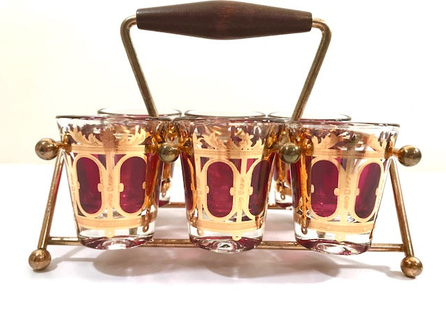 Culver Signed Mid-Century Cranberry Scroll Shot Glasses With Atomic Carrier (Set of 6)