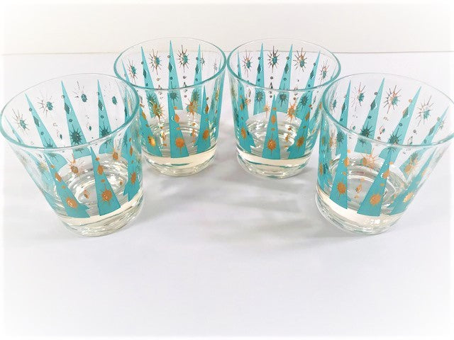 Fred Press Signed Mid-Century Aqua Atomic Star Glasses (Set of 4)