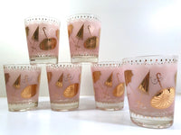 Load image into Gallery viewer, Mid-Century Pink &amp; 22-Karat Gold Umbrella Mary Poppins Double Old Fashion Glasses (Set of 6)
