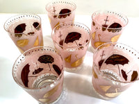 Load image into Gallery viewer, Mid-Century Pink &amp; 22-Karat Gold Umbrella Mary Poppins Double Old Fashion Glasses (Set of 6)
