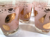 Load image into Gallery viewer, Mid-Century Pink &amp; 22-Karat Gold Umbrella Mary Poppins Double Old Fashion Glasses (Set of 6)
