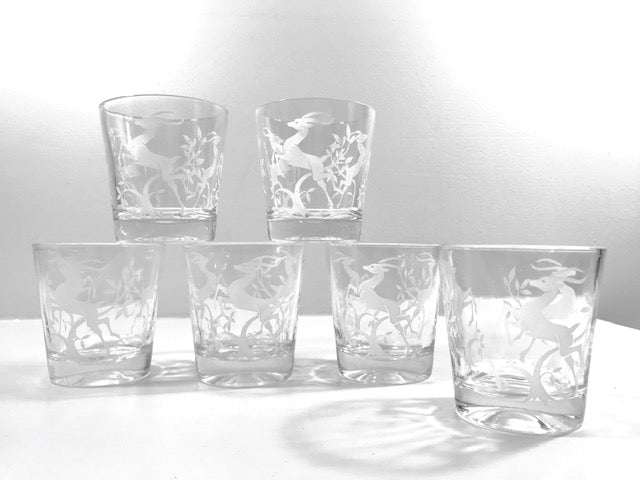 Federal Glass Mid-Century Art Deco White Gazelle Whiskey Glasses (Set of 6)