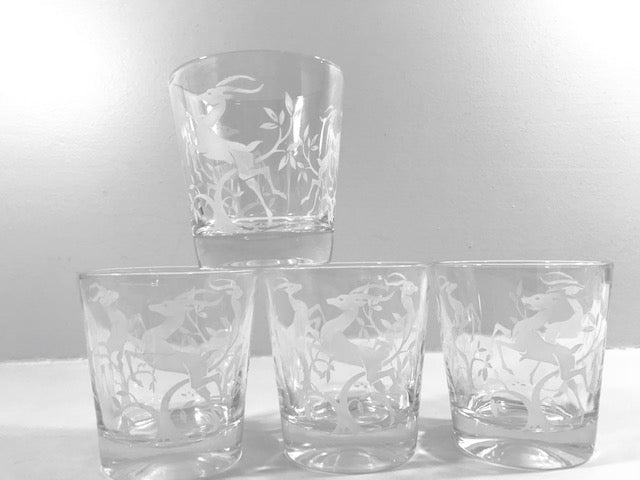 Federal Glass Mid-Century Art Deco White Gazelle Whiskey Glasses (Set of 4)