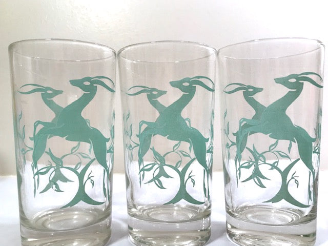 Federal Glass Mid-Century Art Deco Green Gazelle Glasses (Set of 7)