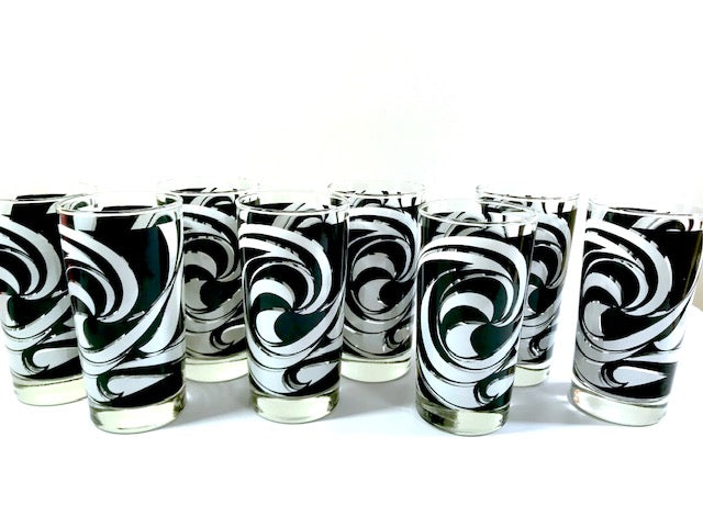Libbey Partytime Mid-Century Black and White Atomic Swirl Glasses (Set of 8)