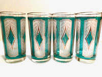 Load image into Gallery viewer, Libbey Mid-Century Emerald Blue &amp; 22-Karat Gold Diamond Glasses (Set of 4)
