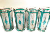 Load image into Gallery viewer, Libbey Mid-Century Emerald Blue &amp; 22-Karat Gold Diamond Glasses (Set of 4)
