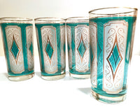 Load image into Gallery viewer, Libbey Mid-Century Emerald Blue &amp; 22-Karat Gold Diamond Glasses (Set of 4)
