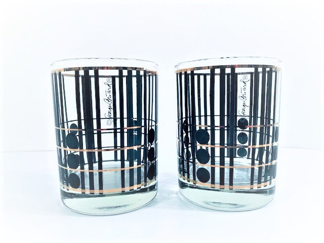 Georges Briard Signed Mid-Century Black and Gold Craftsman Style Double Old Fashion Glasses (Set of 2)