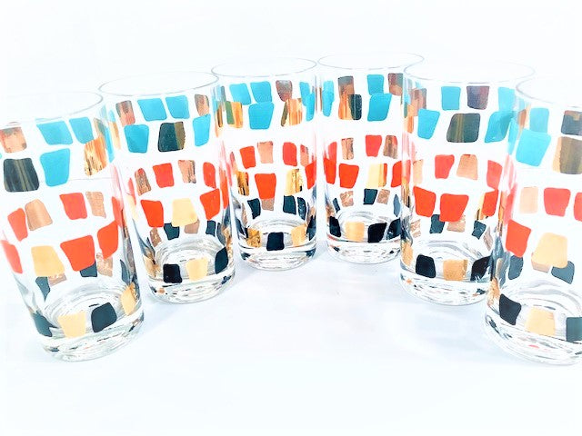 Mid-Century Gold-Turquoise-Orange and Black Glasses (Set of 6)