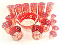 Load image into Gallery viewer, Culver Signed Mid-Century Red &amp; 22-Karat Gold Paisley 18-Piece Bar Set
