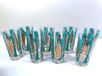 Load image into Gallery viewer, Fred Press Signed Mid-Century 22-Karat Gold Blue Leaf Cocktail Bar Set
