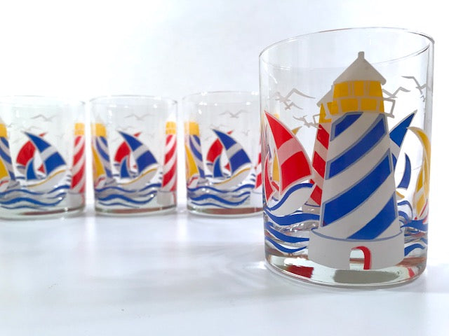 Culver Signed Mid-Century Sailboat and Lighthouse Double Old Fashion Glasses (Set of 4)