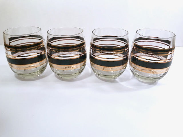 Georges Briard Signed Mid-Century Black and 22-Karat Gold Double Old Fashion Roly Poly Glasses (Set of 4)