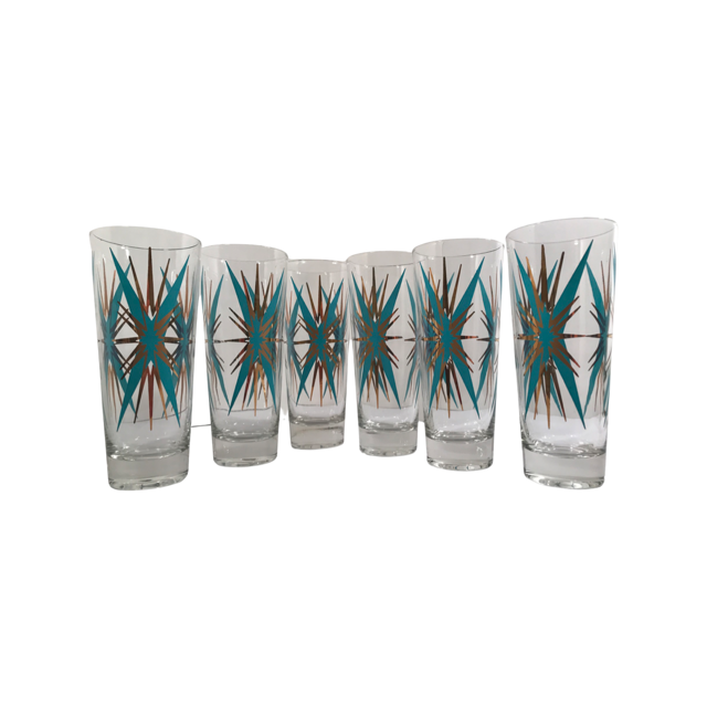Federal Glass Inca Atomic Turquoise and 22-Karat Gold Starburst Collins Glasses (Set of 6)