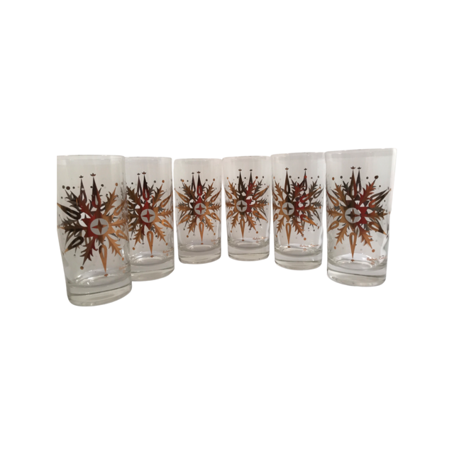 Helen Conroy Signed Mid-Century Golden Snowflake Glasses (Set of 6)