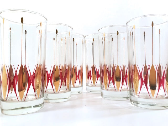 Mid-Century Cranberry and Gold Deco Glasses (Set of 6)